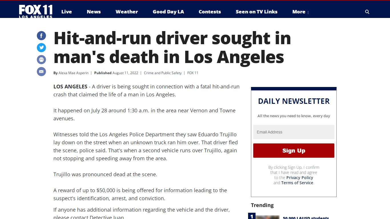Hit-and-run driver sought in man's death in Los Angeles