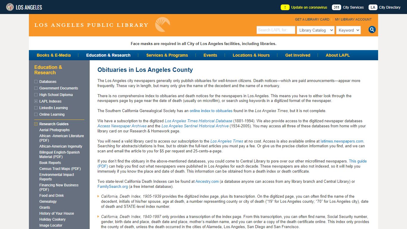 Obituaries in Los Angeles County | Los Angeles Public Library